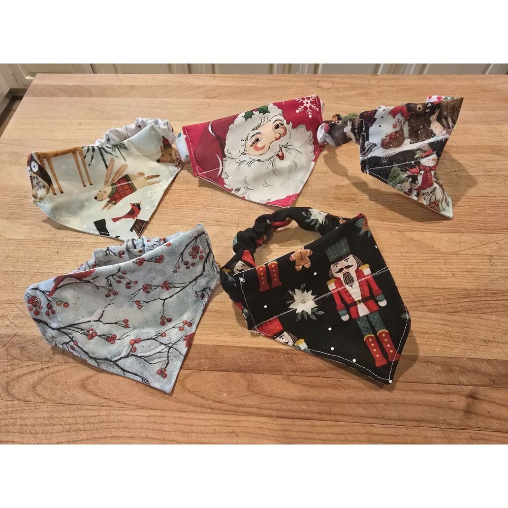 Christmas Holiday Scrunchie Bandana for Dogs Set of 5 Reversible Hand Sewn SZ XS